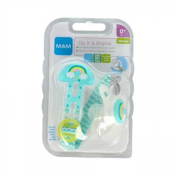 CHUPETE + BROCHE MAM CLIP IT & ORIGINAL CON CINTA +0 M 1 UN